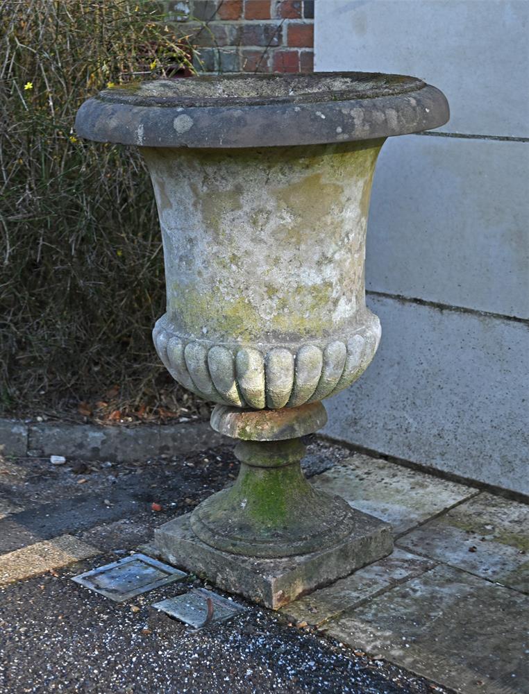 A PAIR OF LARGE STONE COMPOSITION CAMPANA URNS, 20TH CENTURY - Image 3 of 3