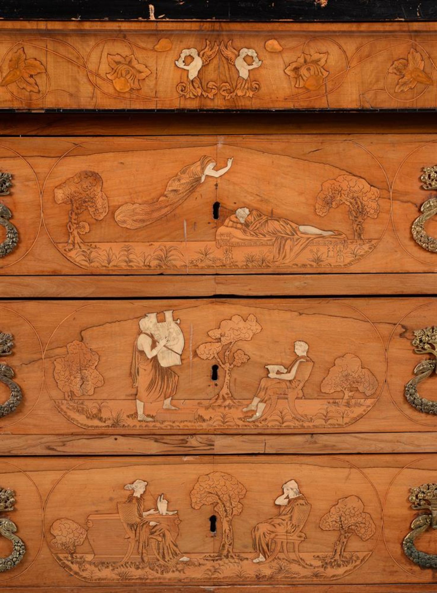 A PAIR OF ITALIAN WALNUT, MARQUETRY, IVORY AND MARBLE COMMODES, FIRST HALF 19TH CENTURY - Image 11 of 11