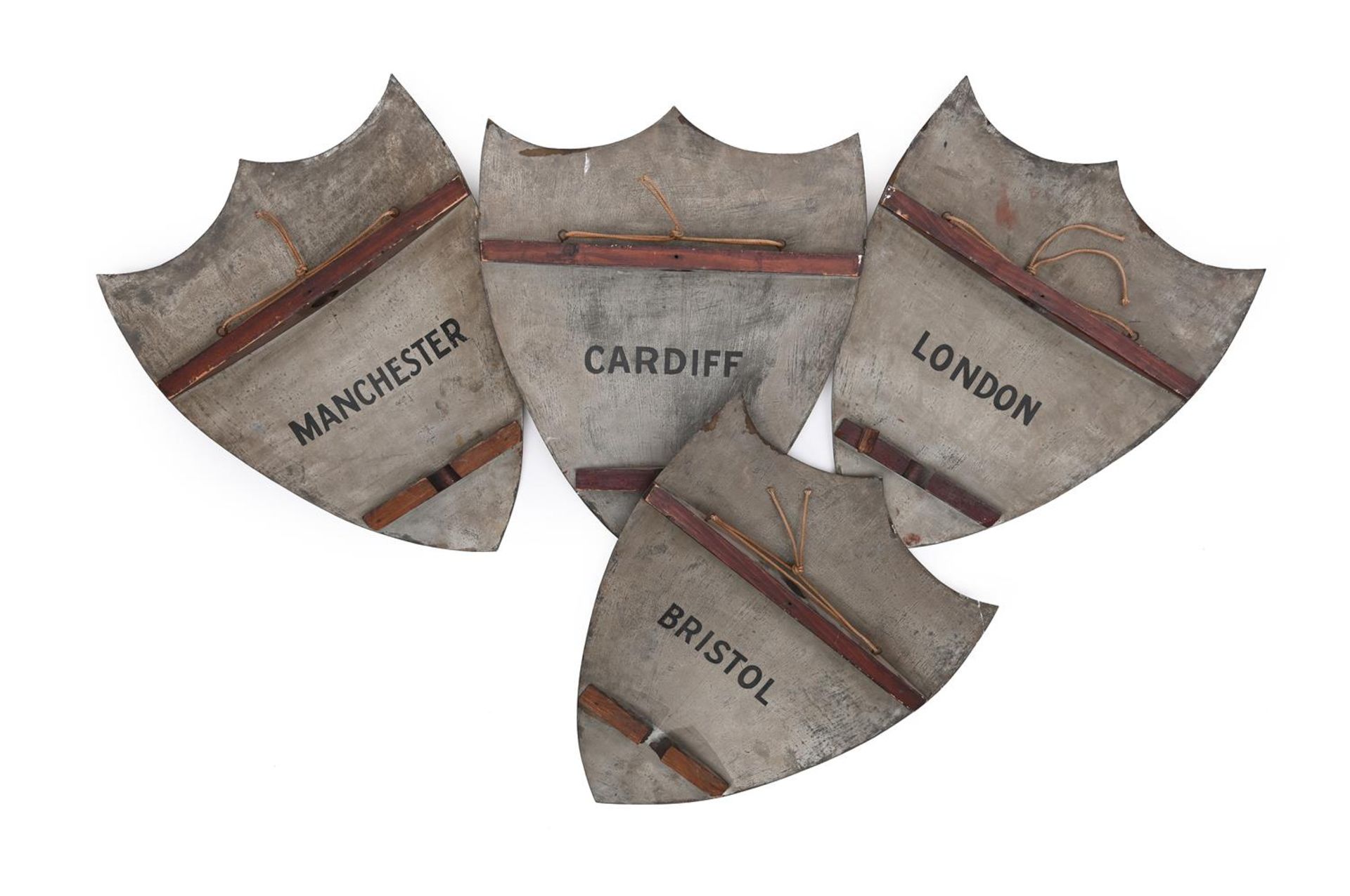 A SET OF FOUR PAINTED TOLE CITY ARMORIAL SHIELDS, EARLY 20TH CENTURY - Image 2 of 2