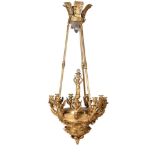 AN ORMOLU NINE LIGHT CHANDELIER, IN THE EMPIRE STYLE, LATE 19TH/EARLY 20TH CENTURY