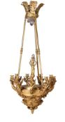 AN ORMOLU NINE LIGHT CHANDELIER, IN THE EMPIRE STYLE, LATE 19TH/EARLY 20TH CENTURY
