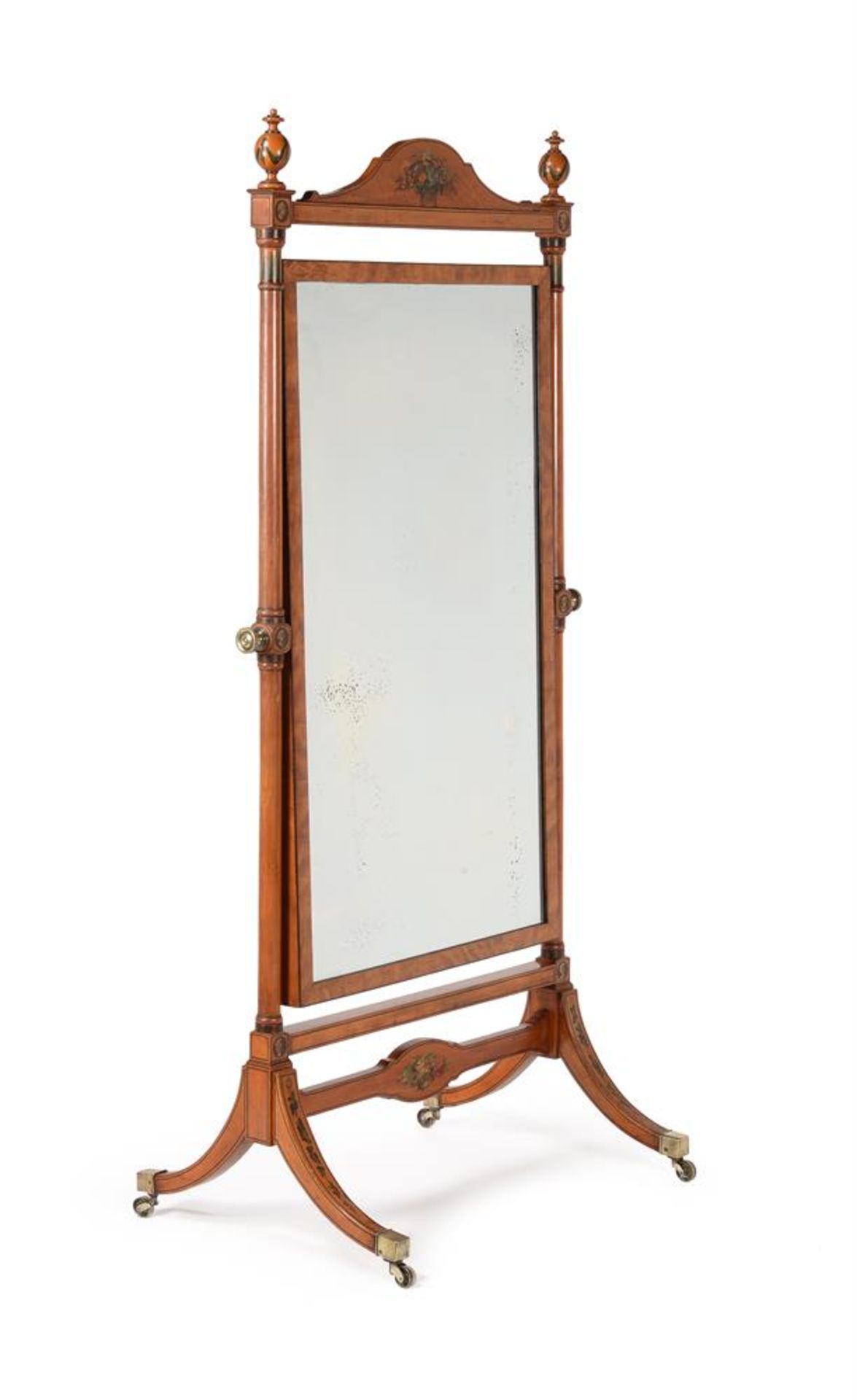 Y A VICTORIAN SATINWOOD AND POLYCHROME PAINTED CHEVAL MIRROR, LATE 19TH CENTURY