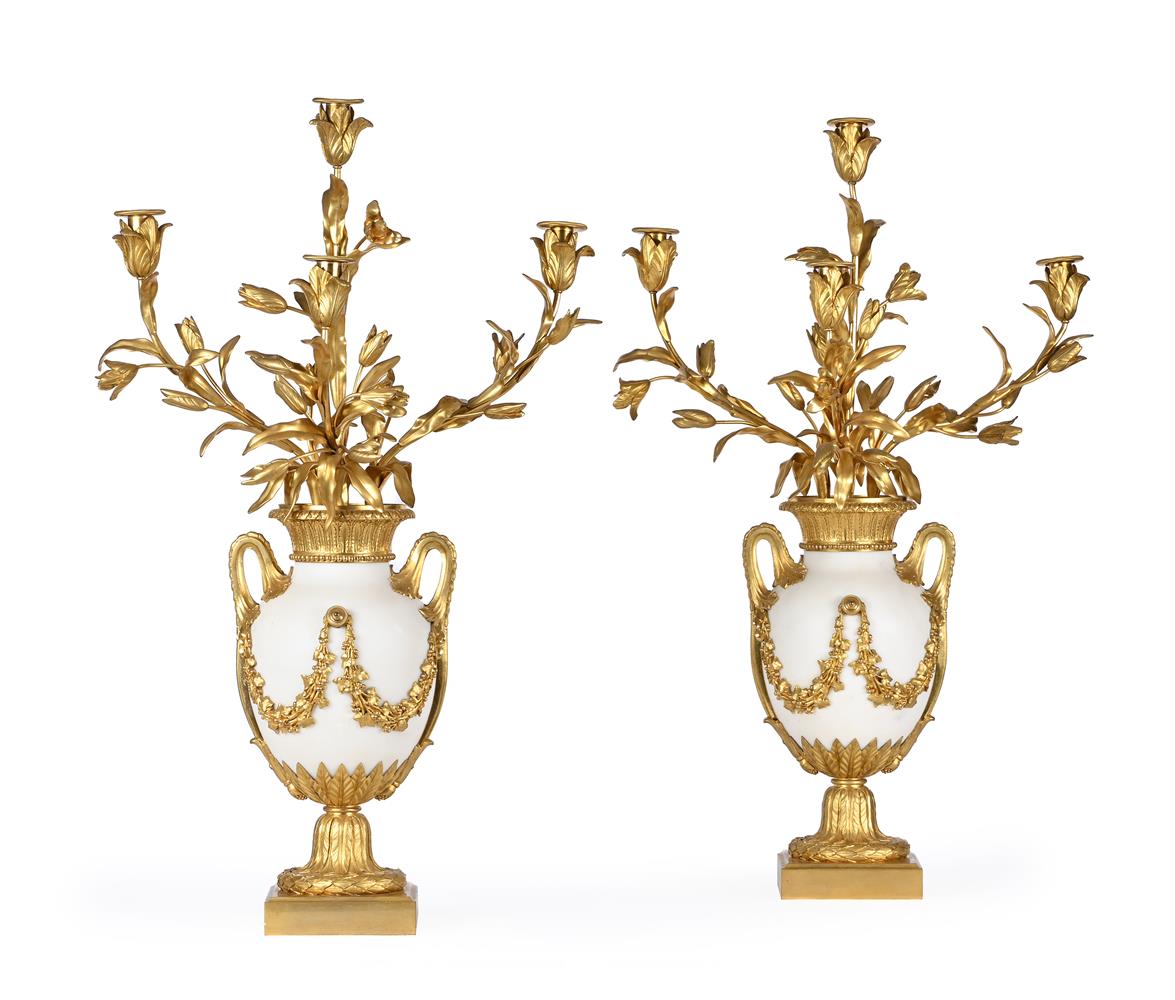 A LARGE PAIR OF MARBLE AND ORMOLU VASE CANDELABRA, IN THE MANNER OF HENRI DASSON, LATE 19TH CENTURY