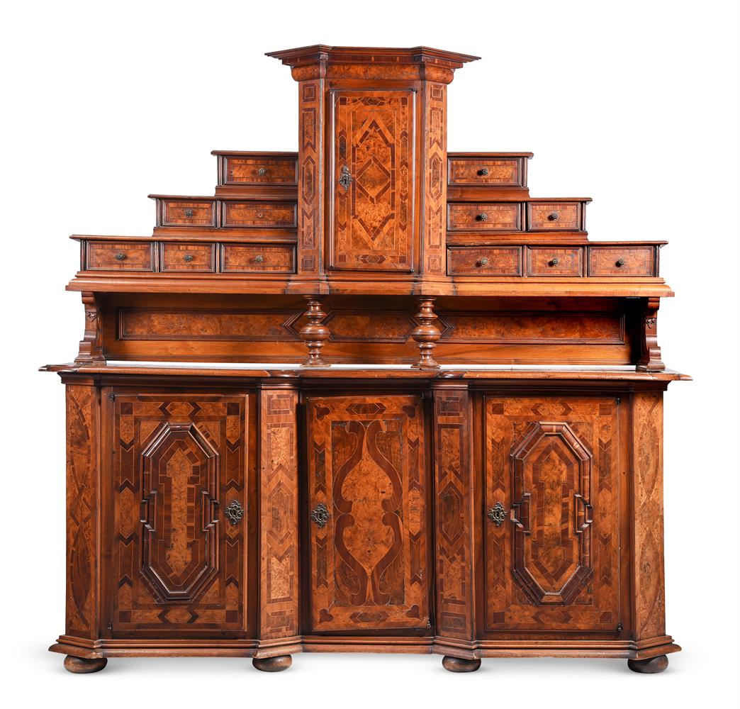 A SWISS WALNUT, BURR WALNUT AND FRUITWOOD BREAKFRONT SIDE CABINET, THIRD QUARTER 18TH CENTURY