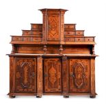 A SWISS WALNUT, BURR WALNUT AND FRUITWOOD BREAKFRONT SIDE CABINET, THIRD QUARTER 18TH CENTURY