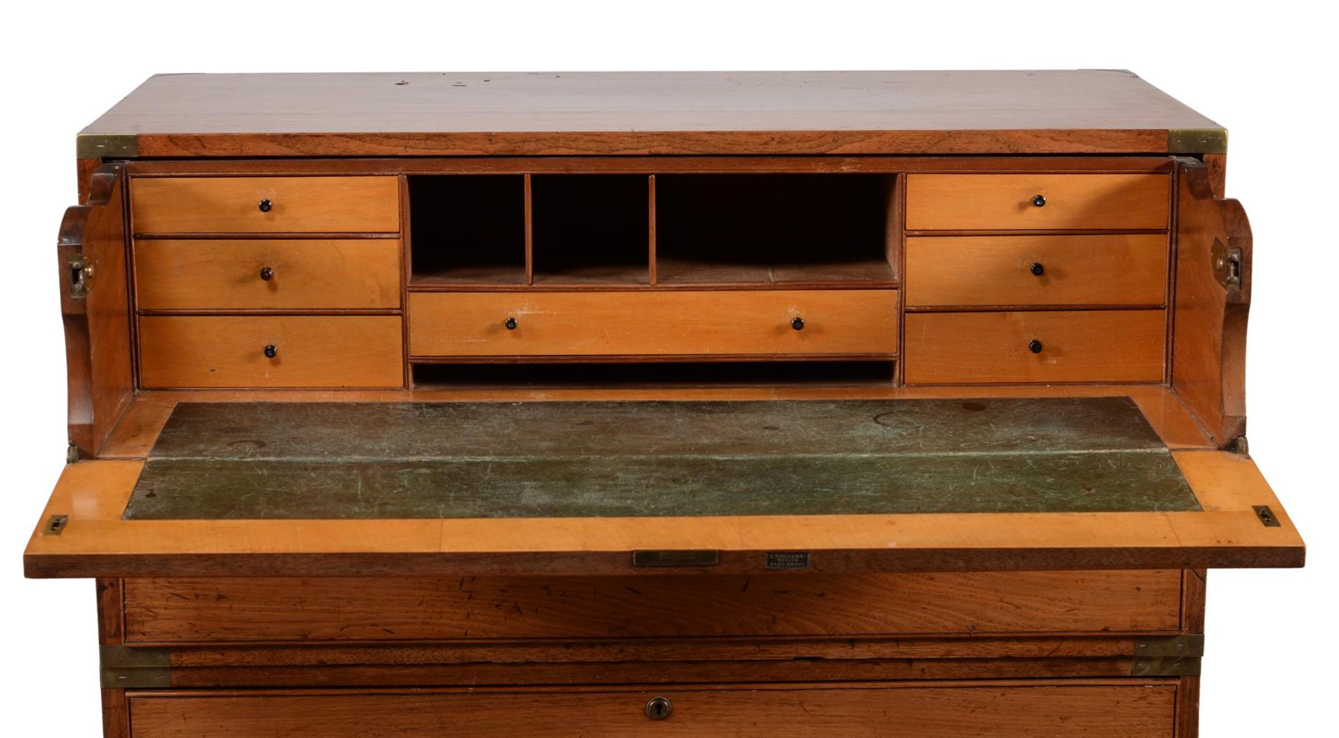 A VICTORIAN TEAK AND BRASS BOUND SECRETAIRE CAMPAIGN CHEST, BY T WHITE & CO, MID 19TH CENTURY - Bild 3 aus 6