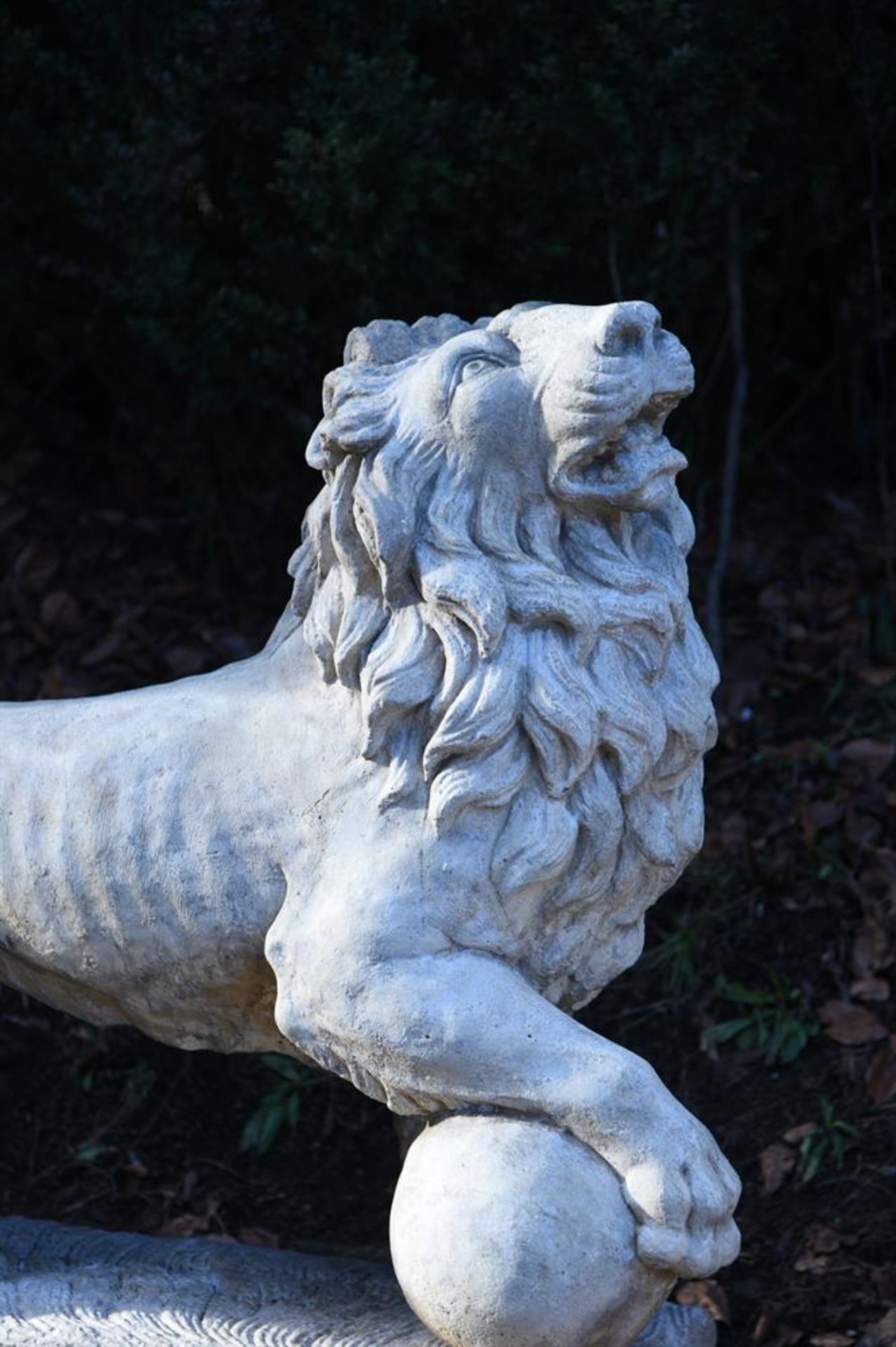 A LARGE PAIR OF COMPOSITE WHITE STONE MEDICI LIONS, 20TH CENTURY - Image 2 of 3