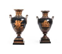 A PAIR OF TOLE PEINT URNS, IN THE ETRUSCAN MANNER, 19TH CENTURY