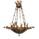 A GILT METAL TWELVE LIGHT CHANDELIER, FRENCH, 19TH CENTURY, IN THE EMPIRE MANNER