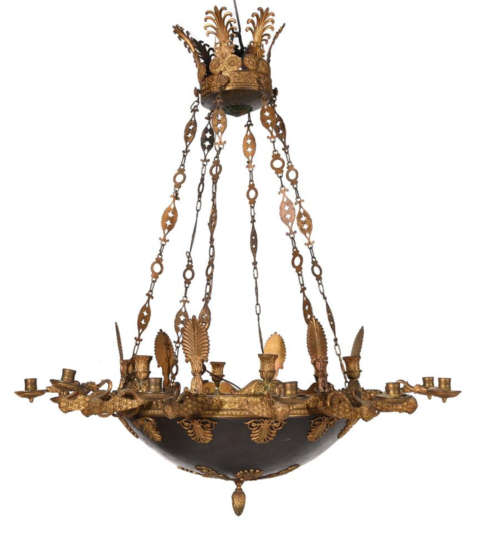 A GILT METAL TWELVE LIGHT CHANDELIER, FRENCH, 19TH CENTURY, IN THE EMPIRE MANNER