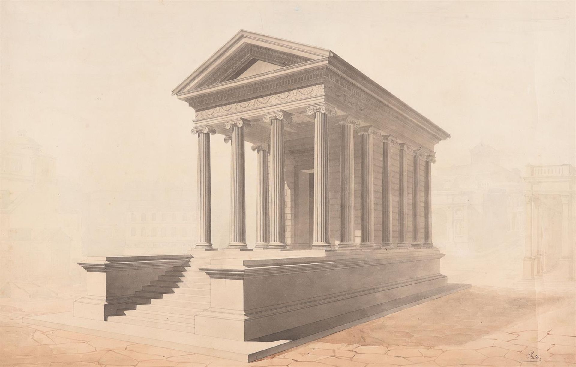 EUGENE SALLE (LATE 19TH CENTURY, FRENCH), STUDY OF THE ROMAN TEMPLE 'MAISON CARREE', VIENNE - Image 2 of 4