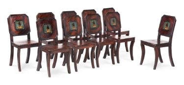 A SET OF TEN GEORGE IV PAINTED PINE HALL CHAIRS, CIRCA 1825