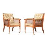 A PAIR OF MAHOGANY, LEATHER AND CANED LIBRARY ARMCHAIRS, SECOND HALF 19TH CENTURY