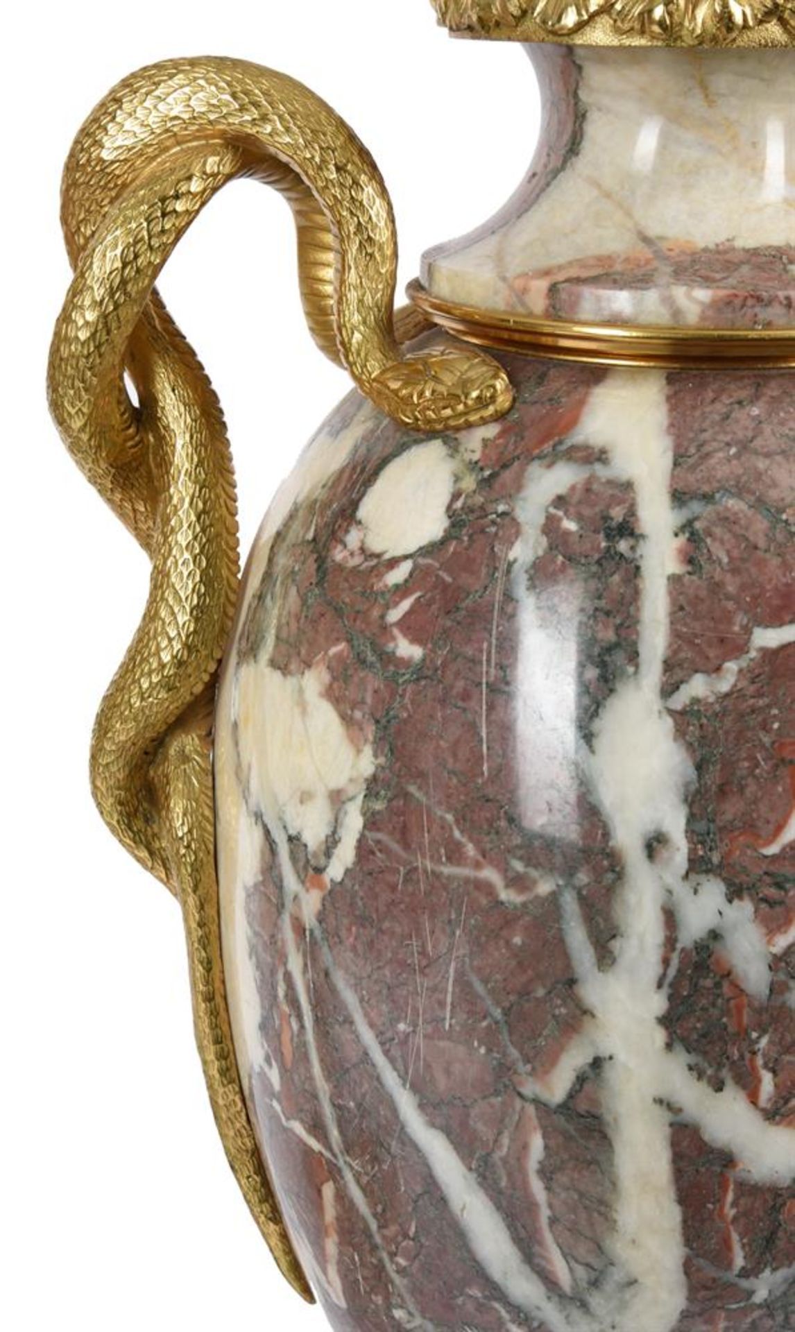 A LARGE PAIR OF BRECHE VIOLETTE AND ORMOLU MOUNTED URNS AFTER GOUTHIERE, LATE 19TH CENTURY - Image 3 of 3