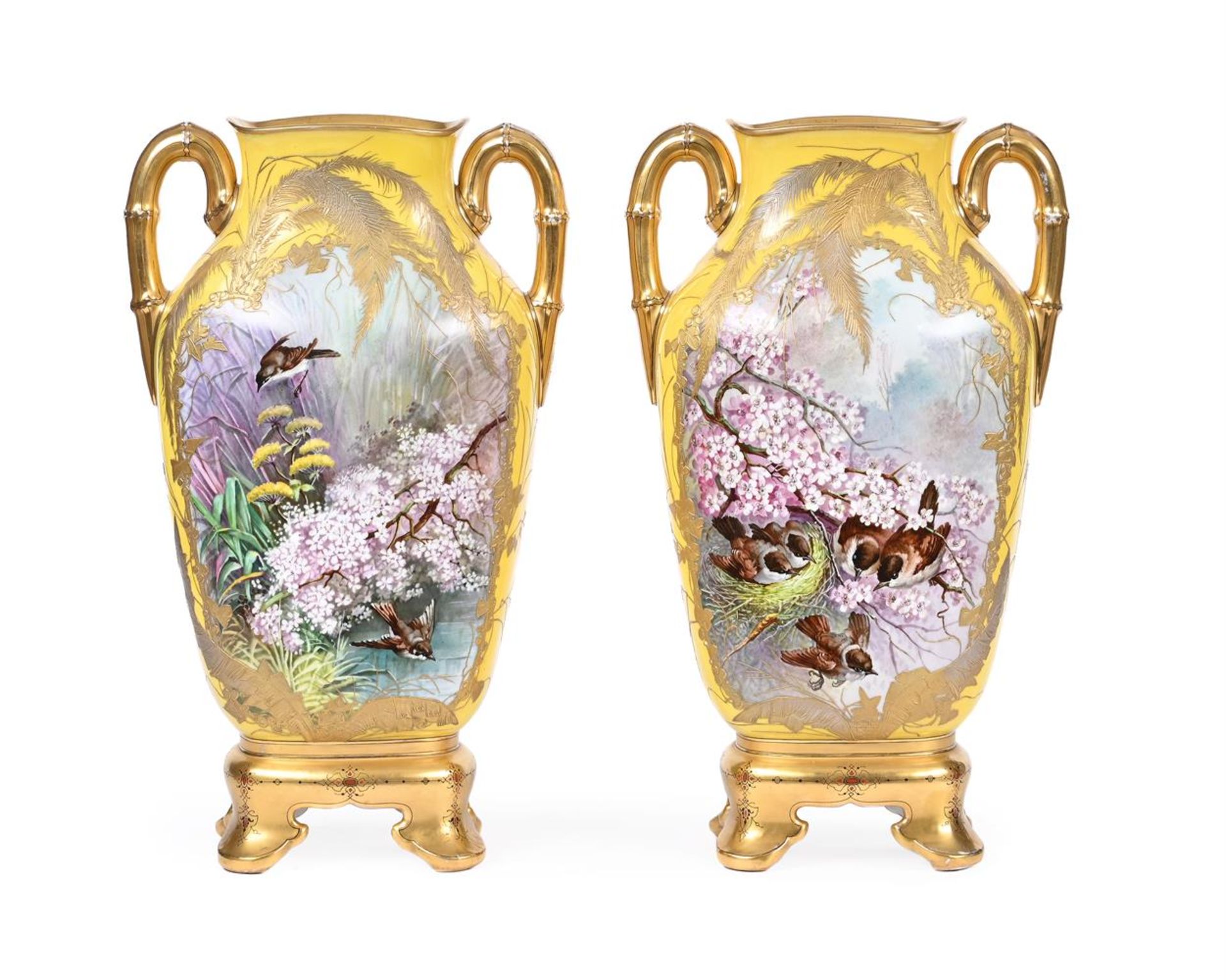 A PAIR OF FRENCH PORCELAIN YELLOW GROUND VASES, LATE 19TH CENTURY - Image 2 of 3