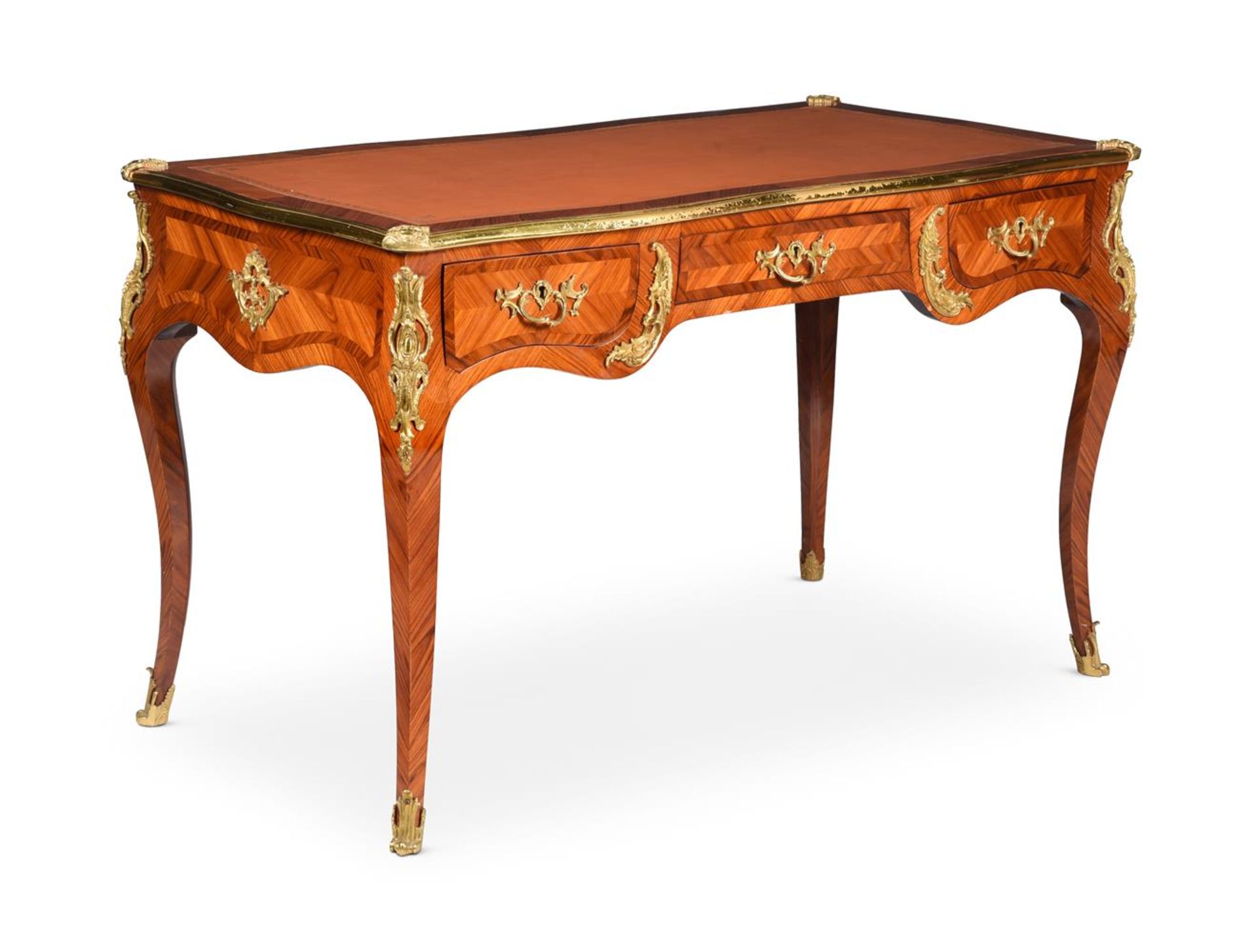 Y A FRENCH KINGWOOD, TULIPWOOD AND ORMOLU BUREAU PLAT, IN LOUIS XV STYLE, LATE 19TH/EARLY 20TH CENTU