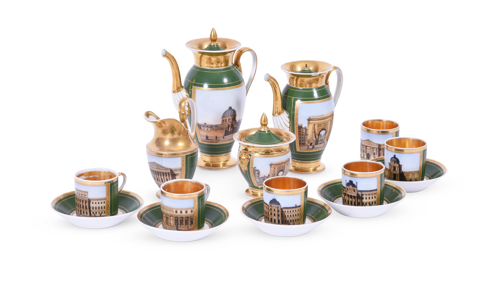 A PARIS PORCELAIN GREEN-GROUND AND GILT TOPOGRAPHICAL PART COFFEE SERVICE, CIRCA 1830