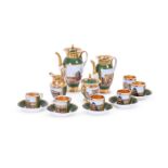 A PARIS PORCELAIN GREEN-GROUND AND GILT TOPOGRAPHICAL PART COFFEE SERVICE, CIRCA 1830