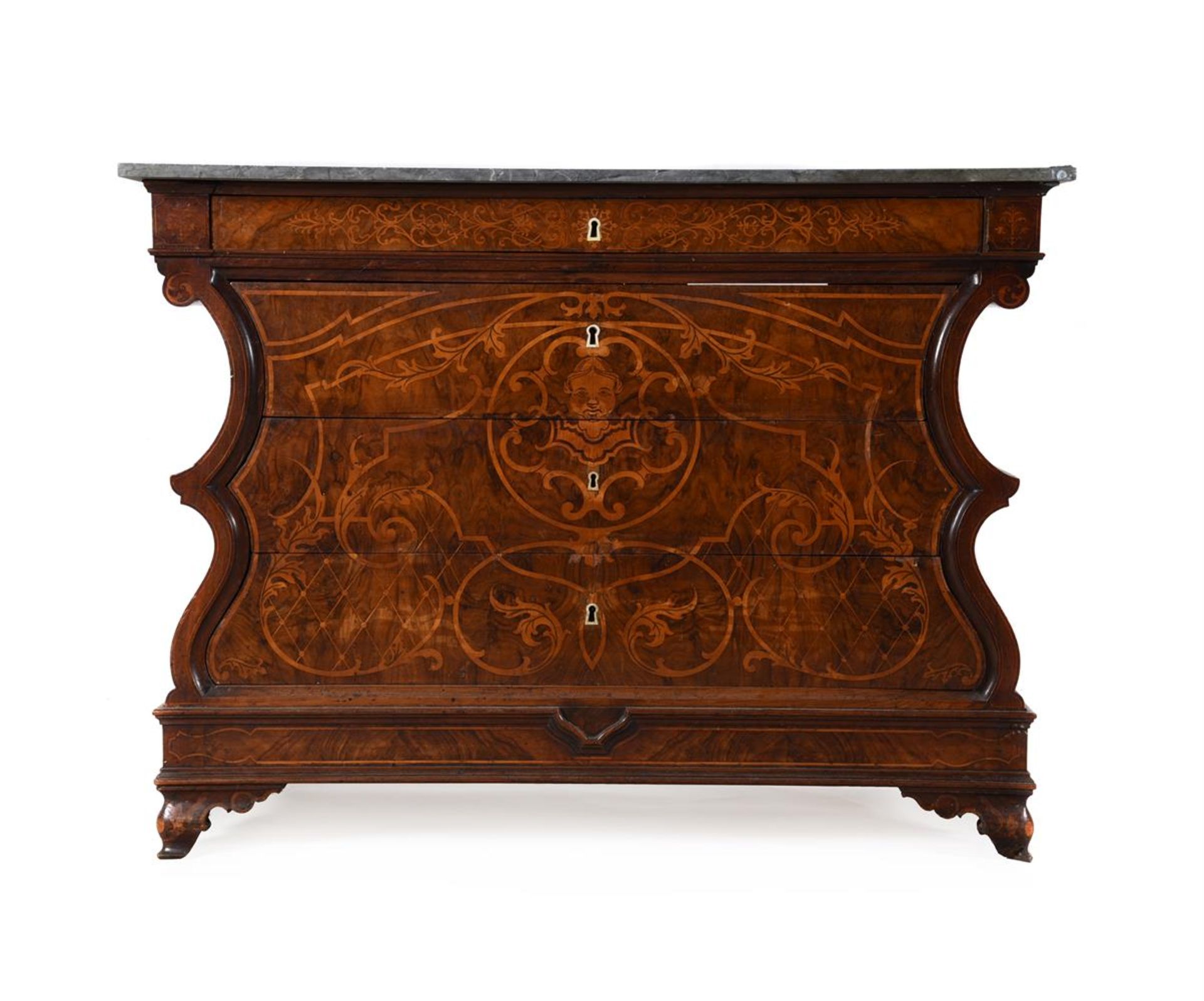 Y A CONTINENTAL WALNUT AND MARQUETRY COMMODE, SECOND HALF 19TH CENTURY