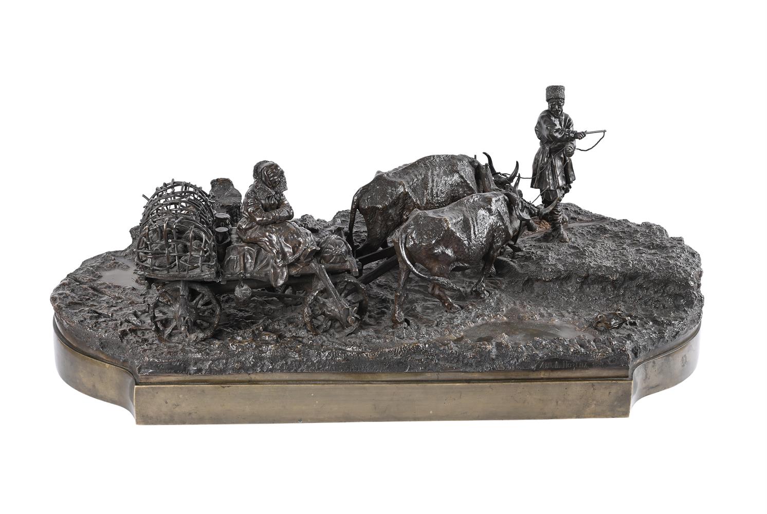 λ AFTER LEONID POSEN, A RARE LARGE BRONZE FIGURAL GROUP 'OXEN' OR 'HEADING TO THE DUCK MARKET'