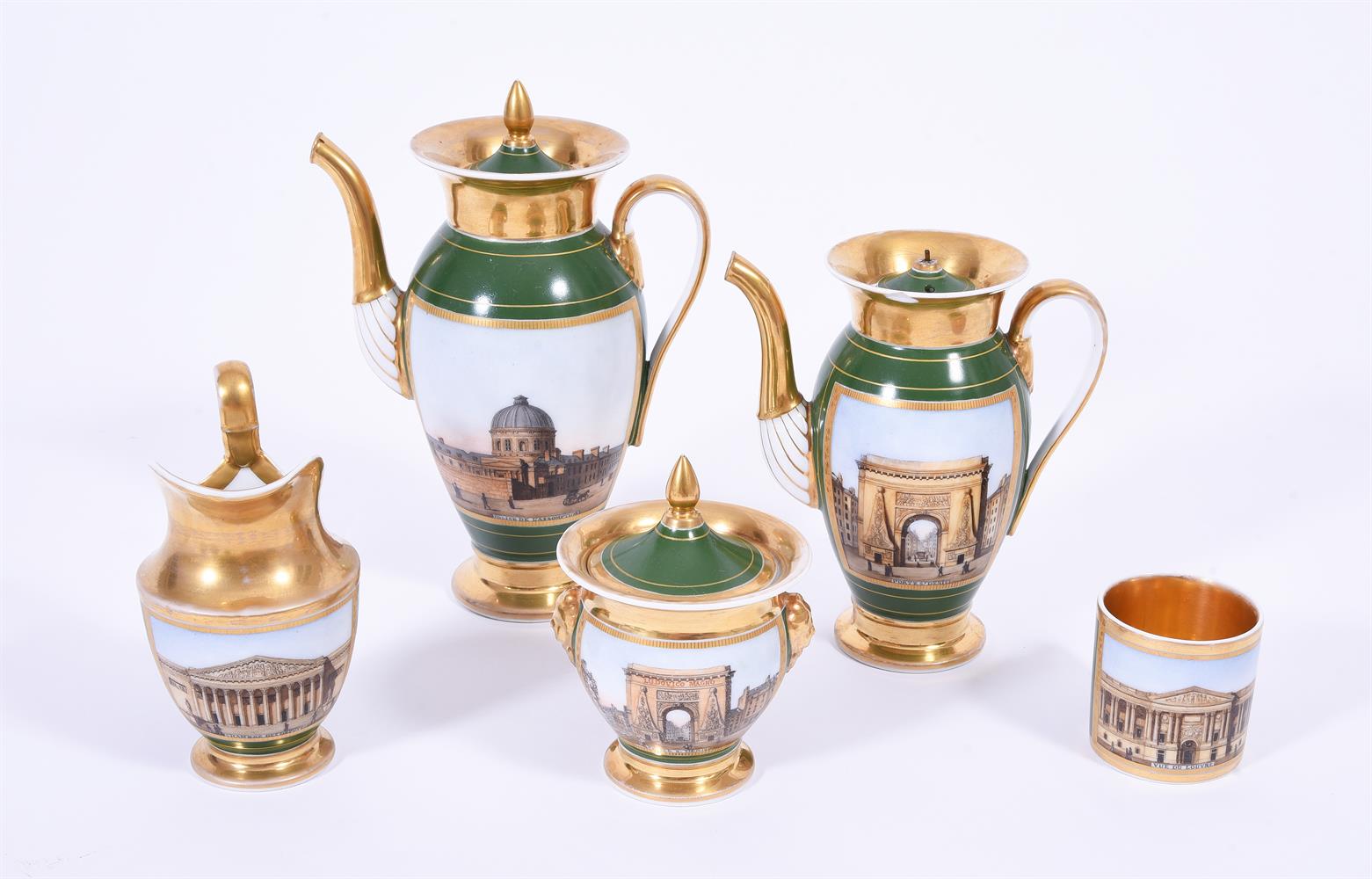 A PARIS PORCELAIN GREEN-GROUND AND GILT TOPOGRAPHICAL PART COFFEE SERVICE, CIRCA 1830 - Image 2 of 5