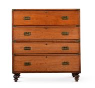 A VICTORIAN TEAK AND BRASS BOUND SECRETAIRE CAMPAIGN CHEST, BY T WHITE & CO, MID 19TH CENTURY