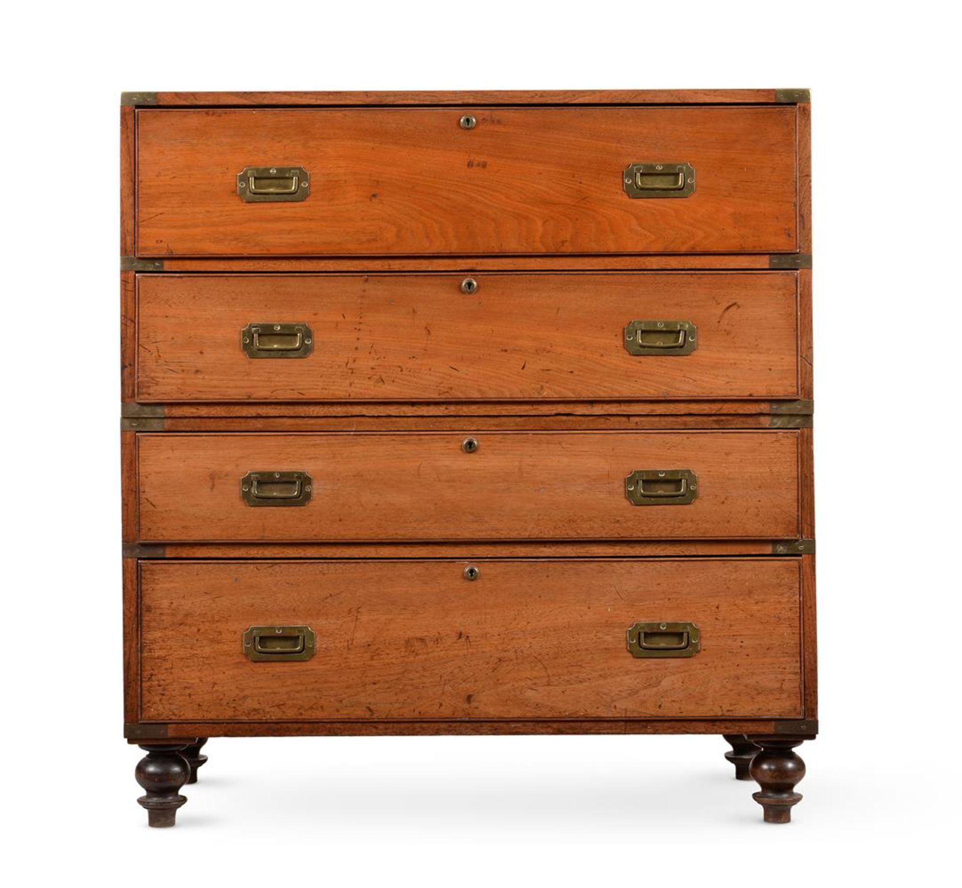 A VICTORIAN TEAK AND BRASS BOUND SECRETAIRE CAMPAIGN CHEST, BY T WHITE & CO, MID 19TH CENTURY