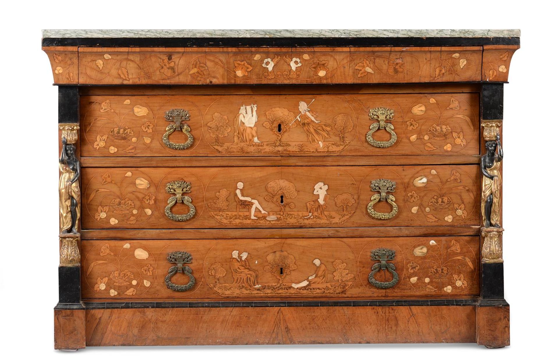 A PAIR OF ITALIAN WALNUT, MARQUETRY, IVORY AND MARBLE COMMODES, FIRST HALF 19TH CENTURY