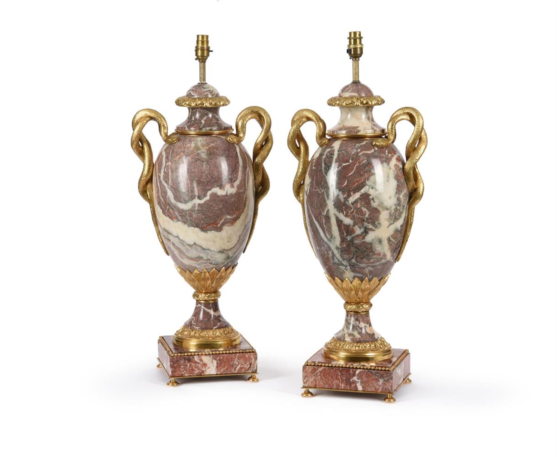 A LARGE PAIR OF BRECHE VIOLETTE AND ORMOLU MOUNTED URNS AFTER GOUTHIERE, LATE 19TH CENTURY