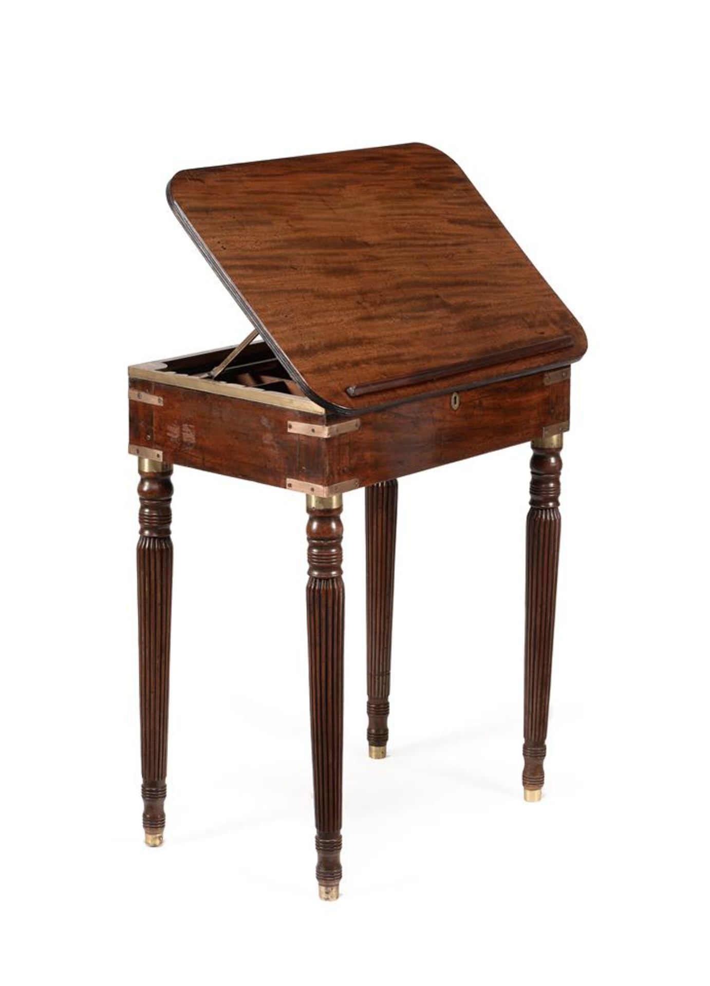 A REGENCY MAHOGANY AND BRASS BOUND CAMPAIGN READING TABLE, CIRCA 1815 - Bild 2 aus 8