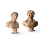 A PAIR OF PATINATED PLASTER BUSTS OF BACCHUS AND A FAWN, 20TH CENTURY