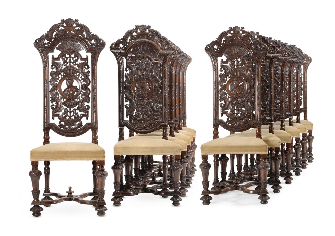 A SET OF TWELVE WALNUT CHAIRS, IN 17TH CENTURY STYLE, LATE 19TH/EARLY 20TH CENTURY