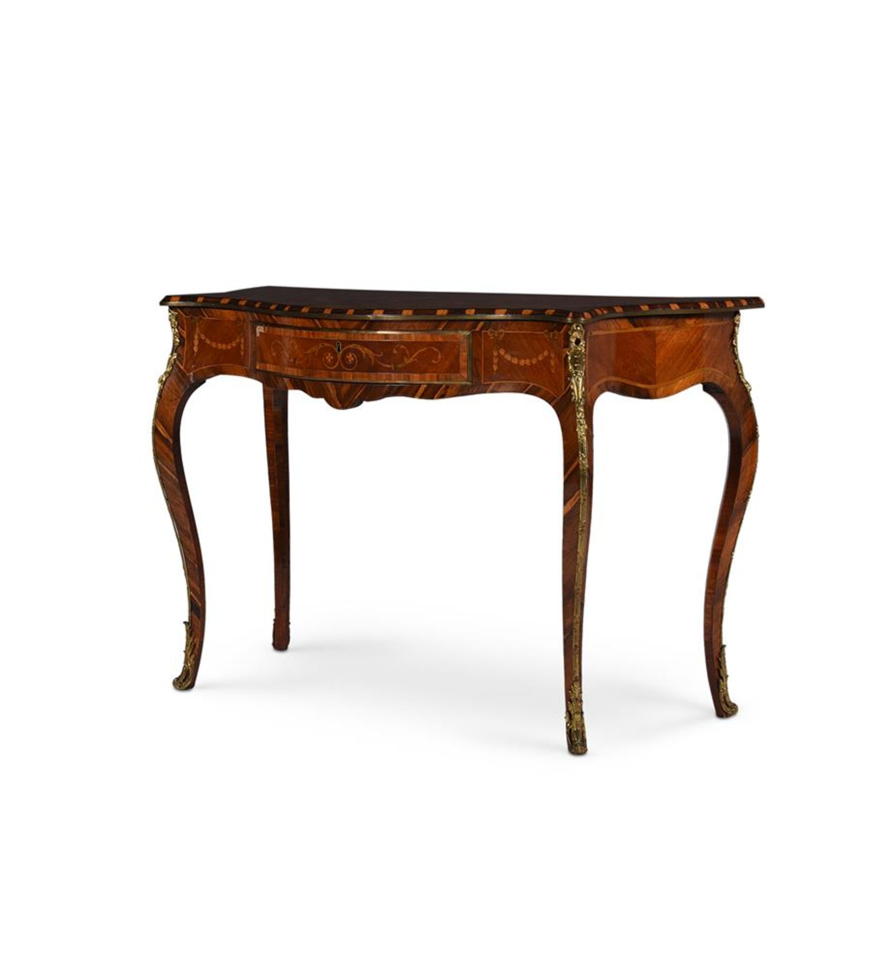 Y A COCUSWOOD, MAHOGANY, ROSEWOOD, MARQUETRY AND GILT METAL MOUNTED SERPENTINE SIDE TABLE - Bild 2 aus 10