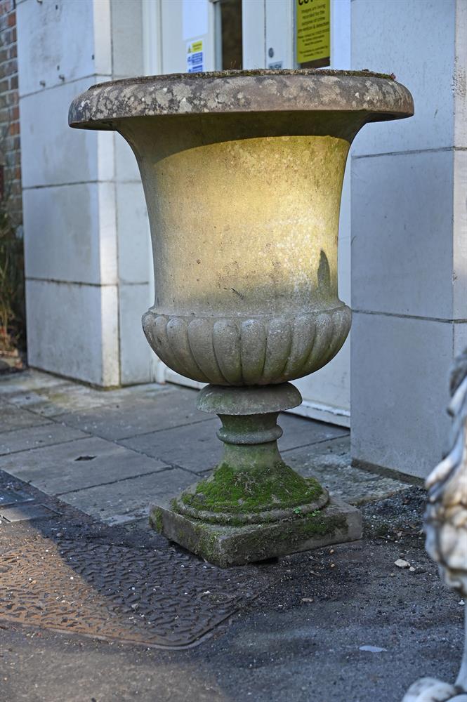 A PAIR OF LARGE STONE COMPOSITION CAMPANA URNS, 20TH CENTURY - Image 2 of 3