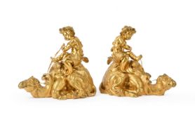 AN UNUSUAL PAIR OF ORMOLU CAMEL CHENETS, LATE 19TH CENTURY, IN THE LOUIS XVI MANNER