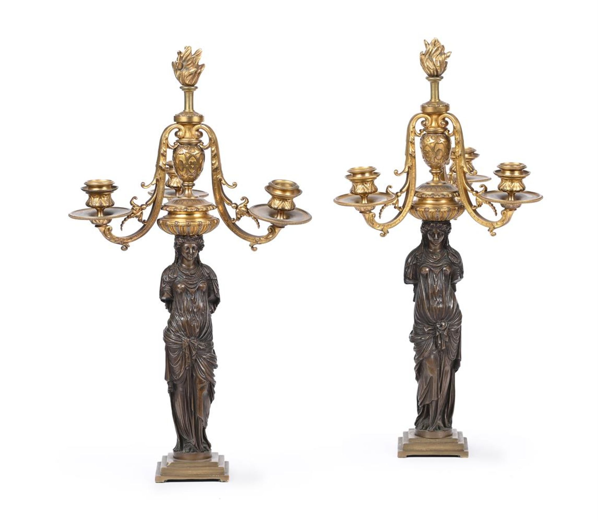 A PAIR OF BARBEDIENNE ORMOLU AND PATINATED BRONZE THREE LIGHT FIGURAL CANDLEABRA, LATE 19TH CENTURY - Image 2 of 4