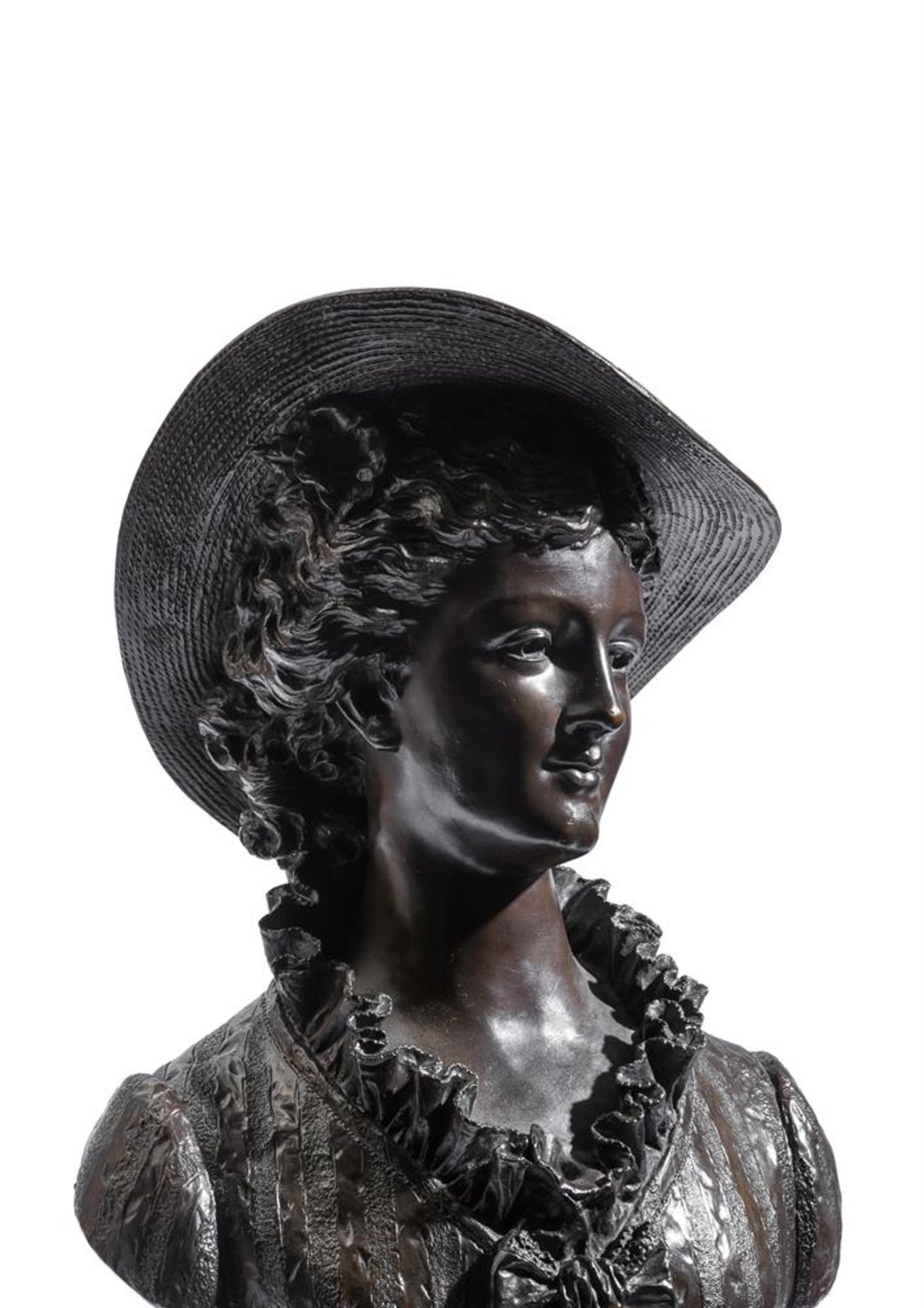 ERNEST RANCOULET (FRENCH, 1842-1915), A BRONZE BUST OF A WOMAN IN A STRAW HAT - Bild 2 aus 4