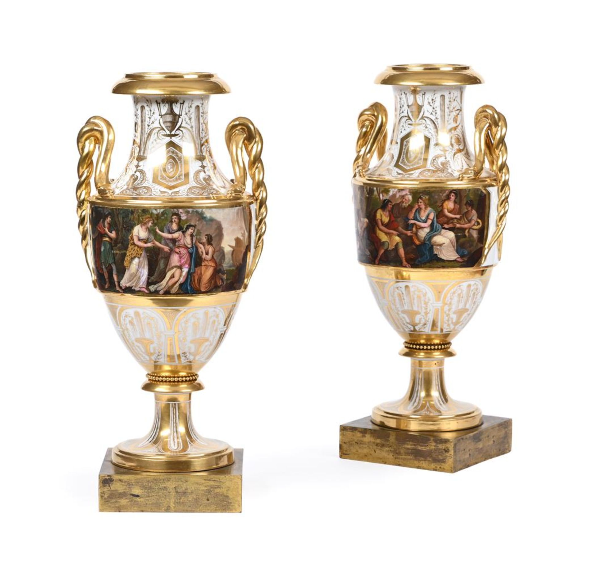 A PAIR OF PARIS PORCELAIN TWO-HANDLED VASES, CIRCA 1830