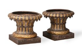 A PAIR OF CAST IRON AND PARCEL GILT GARDEN URNS, BY THE VAL D'OSNE FOUNDRY, SECOND HALF 19TH CENTURY