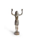 A SILVERED BRASS CANDELABRA IN THE FORM OF AN EGYPTIAN MALE, 20TH CENTURY