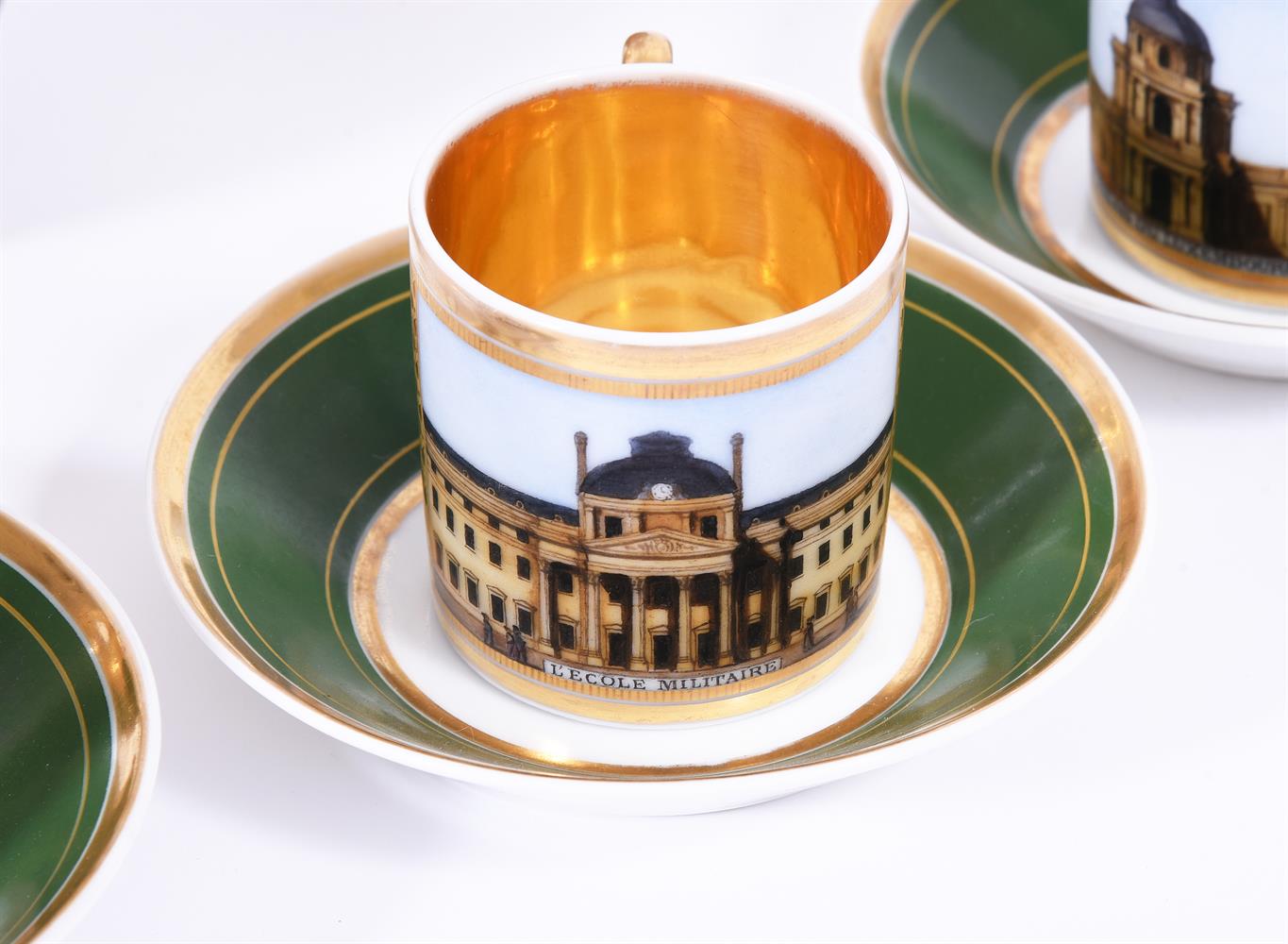 A PARIS PORCELAIN GREEN-GROUND AND GILT TOPOGRAPHICAL PART COFFEE SERVICE, CIRCA 1830 - Image 3 of 5