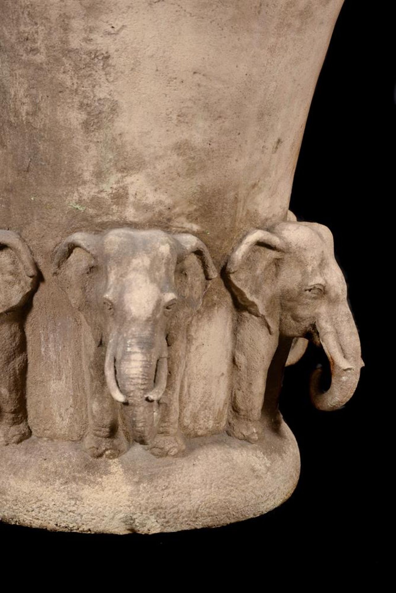 A PAIR OF COMPOSITION STONE URNS WITH ELEPHANT TERMINALS, PROBABLY 20TH CENTURY - Image 3 of 3