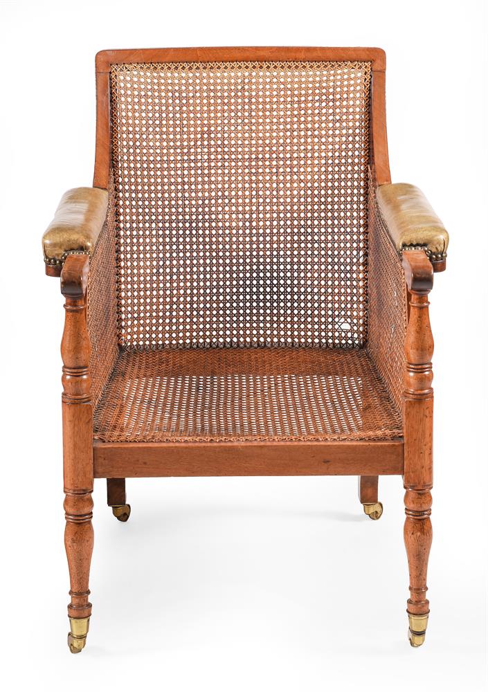 A PAIR OF MAHOGANY, LEATHER AND CANED LIBRARY ARMCHAIRS, SECOND HALF 19TH CENTURY - Image 3 of 5