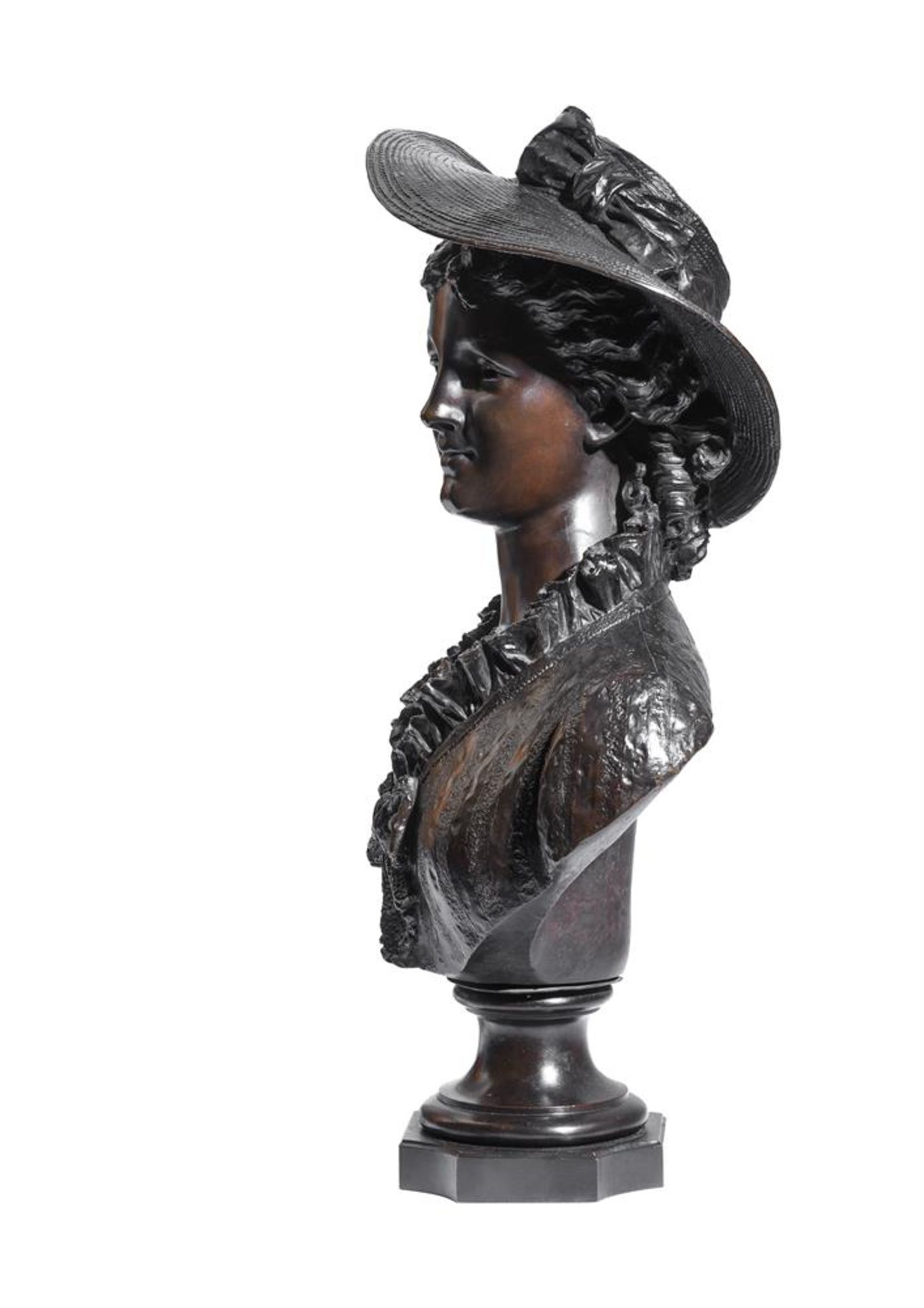 ERNEST RANCOULET (FRENCH, 1842-1915), A BRONZE BUST OF A WOMAN IN A STRAW HAT - Image 3 of 4