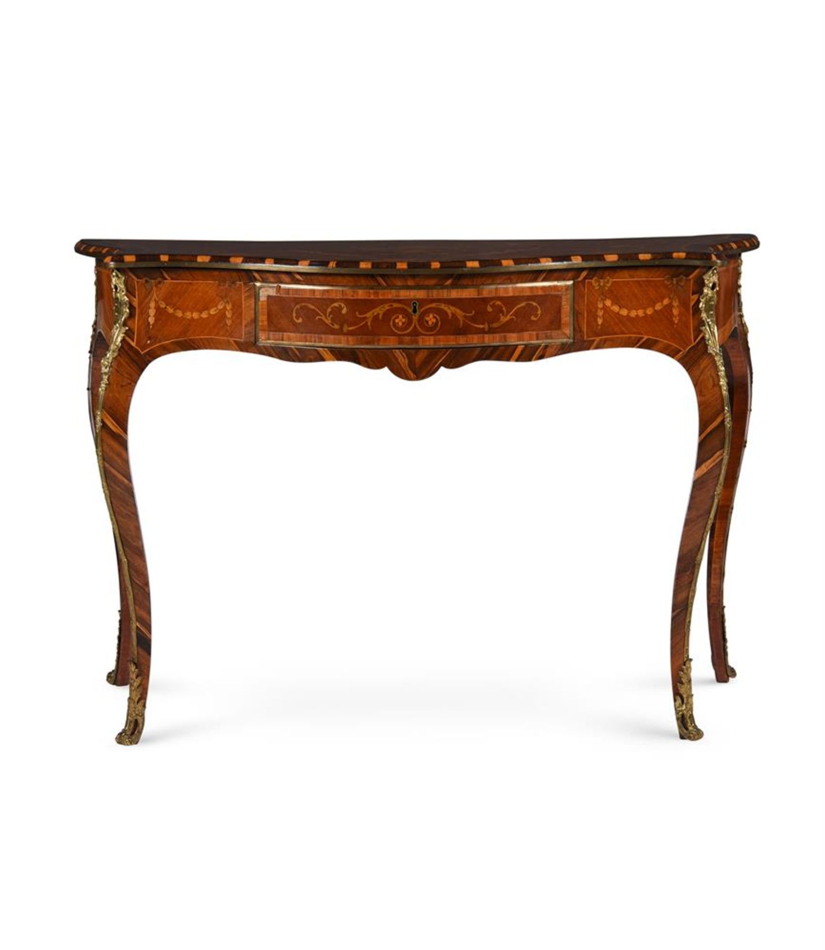 Y A COCUSWOOD, MAHOGANY, ROSEWOOD, MARQUETRY AND GILT METAL MOUNTED SERPENTINE SIDE TABLE