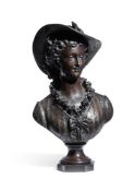 ERNEST RANCOULET (FRENCH, 1842-1915), A BRONZE BUST OF A WOMAN IN A STRAW HAT
