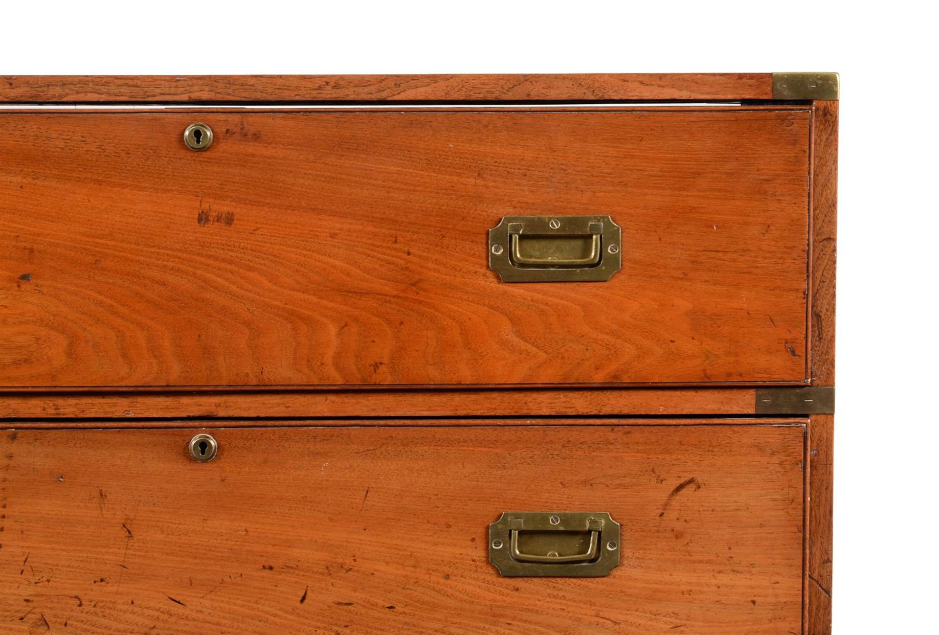 A VICTORIAN TEAK AND BRASS BOUND SECRETAIRE CAMPAIGN CHEST, BY T WHITE & CO, MID 19TH CENTURY - Image 2 of 6