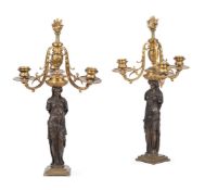 A PAIR OF BARBEDIENNE ORMOLU AND PATINATED BRONZE THREE LIGHT FIGURAL CANDLEABRA, LATE 19TH CENTURY