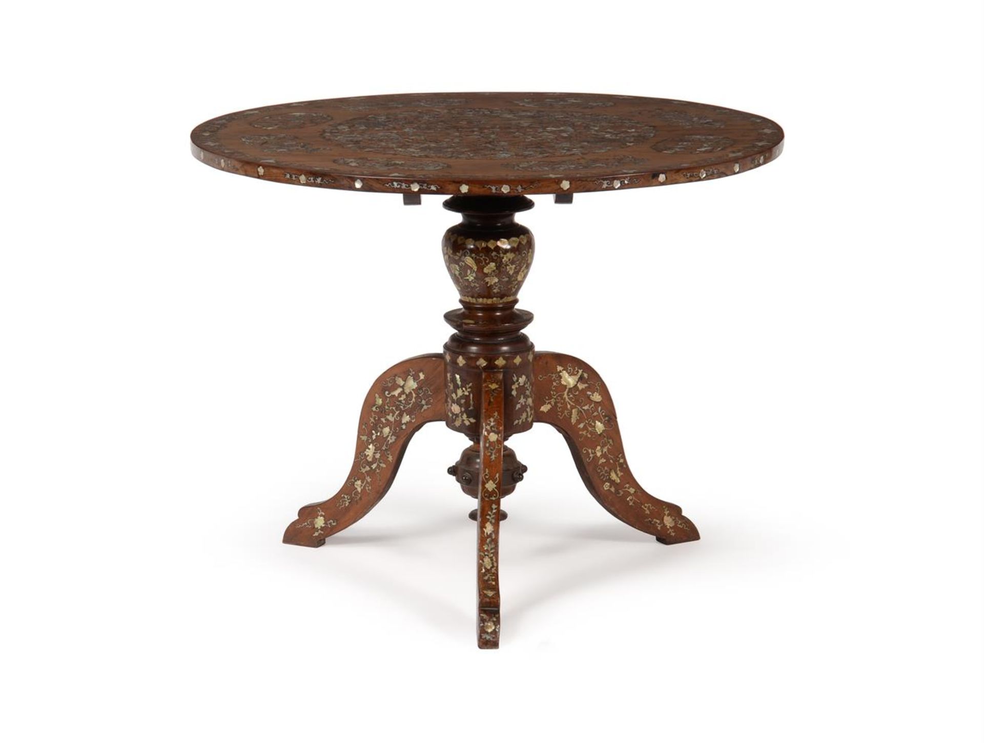 Y A CHINESE EXPORT EXOTIC HARDWOOD AND MOTHER-OF-PEARL TRIPOD TABLE, 19TH CENTURY