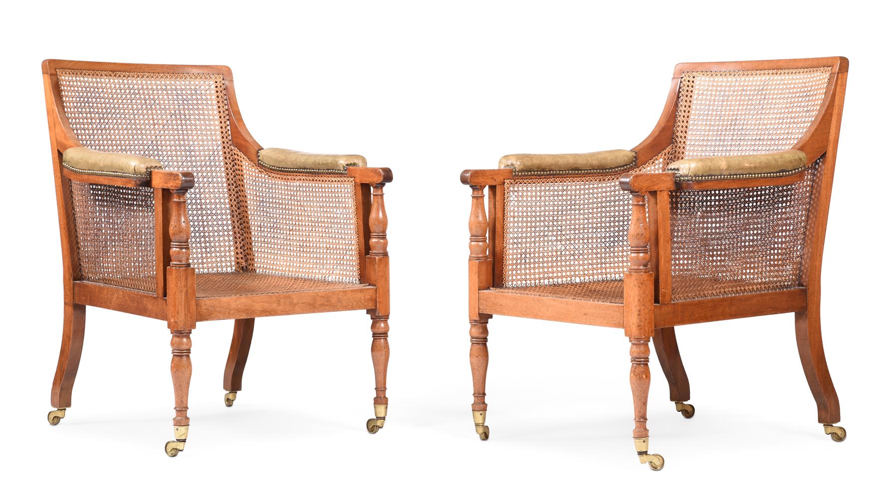 A PAIR OF MAHOGANY, LEATHER AND CANED LIBRARY ARMCHAIRS, SECOND HALF 19TH CENTURY - Image 2 of 5